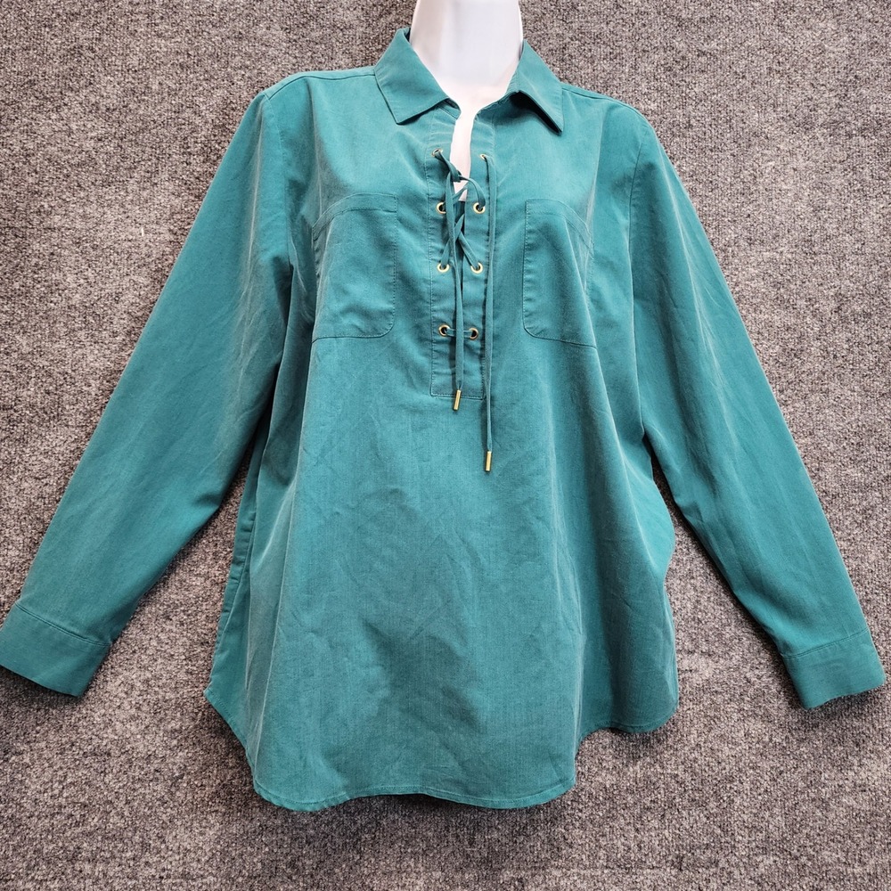 Chico's Womens Teal Green Lace Up Modal Stretch Tunic Blouse Workwear Size 3 Top